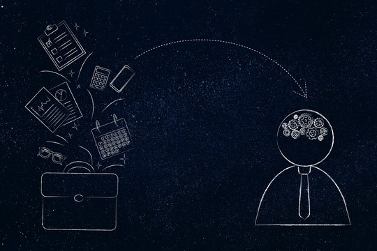 office bag and work objects with arrow pointing towards a person with gearwheel mechanism in his mind