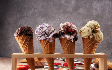 Set of ice cream scoops of different colors and flavours