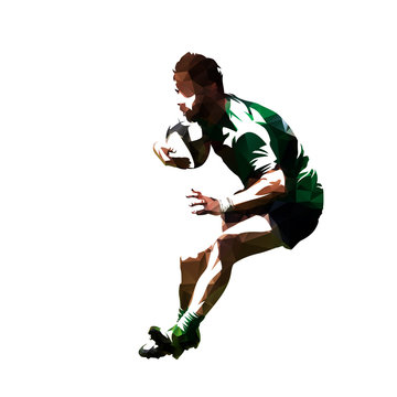 Polygonal rugby player running with ball, low poly vector isolated illustration