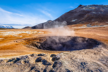 Geothermal field of Hverir, unique wasteland with pools of boiling mud, hot springs and hissing chimneys, Myvatn and Krafla area,North Iceland
