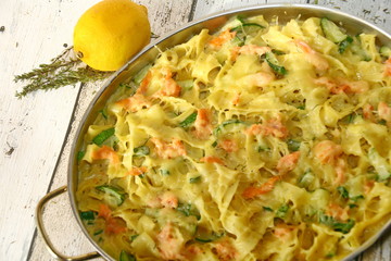pasta with salmon, close up