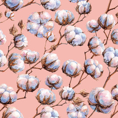 Watercolor seamless texture (pattern) of cotton's buds on pink background