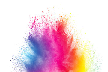Abstract multi color powder explosion on white background.  Freeze motion of color dust  particles splash. Painted Holi