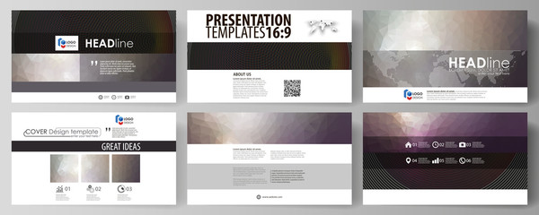 Business templates in HD format for presentation slides. Easy editable vector layouts in flat design. Dark color triangles and colorful circles. Abstract polygonal style modern background.