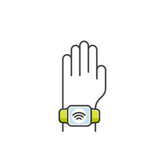 Vector Icon Style Illustration of NFC Payment made through watch. Hand wearing wristband. Pay or making a purchase contactless or wireless manner via POS Terminal. Mobile Banking and Payments