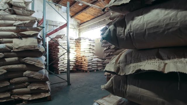 The large warehouse with packs of pasta at the macaroni manufacturing