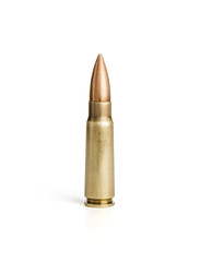 Single rifle bullet on white background, including clipping path