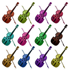 Set of multicolored violins on white