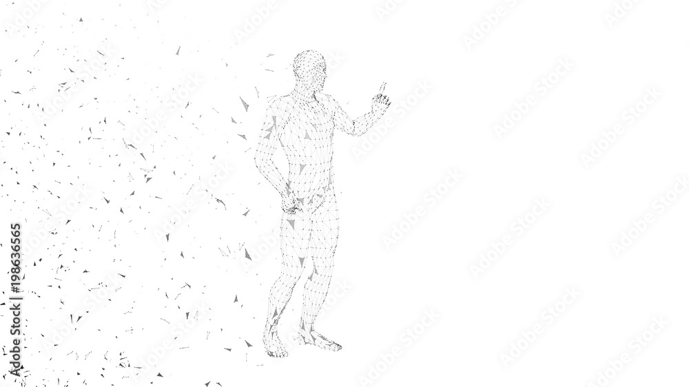 Wall mural conceptual abstract man pointing finger up. connected lines, dots, triangles, particles. artificial 