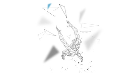 Conceptual abstract man with hands up. Connected lines, dots, triangles, particles. Artificial intelligence concept. High technology vector, digital background. 3D render vector illustration.