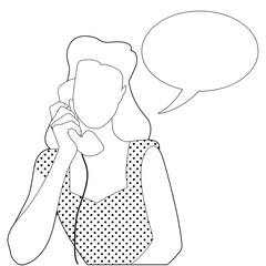 Woman on the vintage phone and blank speech balloon. Outlines