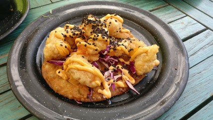Mexican appetizer, fried shrimp taco, restaurant in Playa del Carmen, Cancun