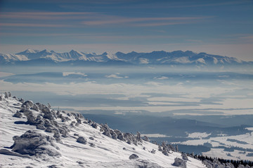 Winter landscape with jagged Western Tatra peaks and pine trees covered by thick snow on slope of Babia Gora peak, Tatry Zachodnie Zapadne Tatry Podhale Orawa Malopolska Poland Orava Slovakia Europe