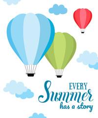 Summer vector cards with hot air balloon in the sky with clouds