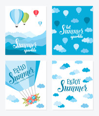 Fototapeta na wymiar Summer vector cards with hot air balloon in the sky with clouds