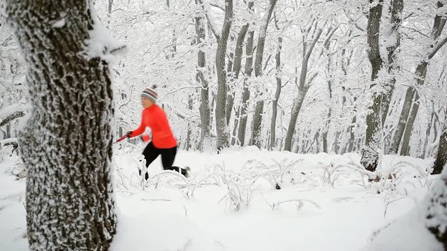 Woman running on trail with Akita dog in winter mountains. HD1080p Canon 5DmkII, HD motorized dolly.