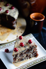 slice of chocolate cake with cherry berries
