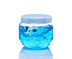 Bank with blue gel for hair on a white background