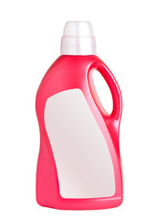 Empty bottle of red color from under my remedy or shampoo, gel for washing with a blank label on a...