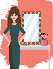 Vector illustration of beautiful make up artist in own studio. Beautiful professional girl in front of make up mirror, brushes and working space on the peach splashes background.
