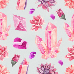Seamless pattern with watercolor pink and purple flowers, stones and gemstones on textured background