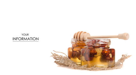 A honey jar with a spoon for honey nuts pattern