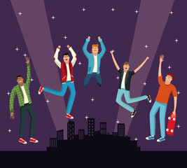 Young people jumping at city night vector illustration graphic design