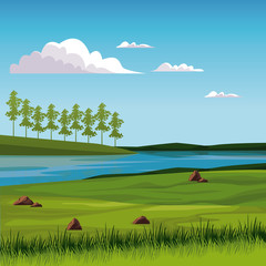 Fototapeta premium Beautiful nature landscape with lake vector illustration graphic design
