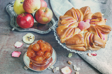 Air beautiful cake and jam from apples autumnal Sunny day.