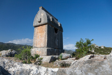 Fototapeta na wymiar Lycian tombs in Kalekoy (Simena), Turkey