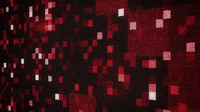 A holographic 3d rendering of small sparkling purple and red squares forming multiform figures in the black background. The big radiant red squares appear sometimes.