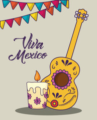 Viva mexico design with guitar and candle over white background, colorful design. vector illustration