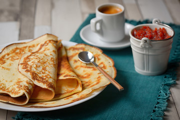 Breakfast with pancakes and coffee