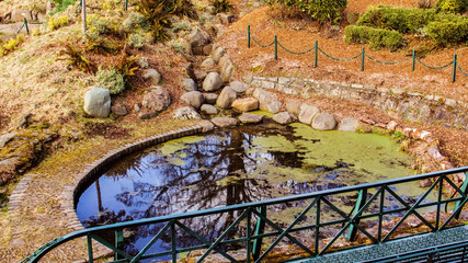 Obraz premium Picturesque little pond in the Cemetery at the Church of the Holy Rude in Stirling, Scotland, UK. Reflection of the sky and trees on the surface.