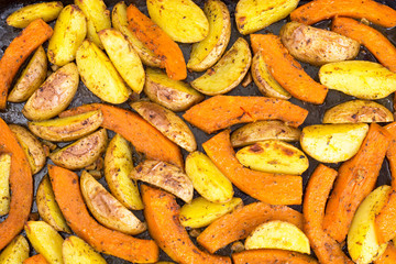 Vegetarian menu. Baked pumpkin and potatoes