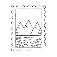 postage stamp canadian mountains lake landscape vector illustration sketch