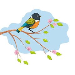 Colorful bird on branch of spring tree with flowers and leaves.