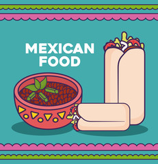 Mexican food design with burritos and sauce bowl over blue background, colorful design. vector illustration