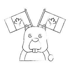 beaver rodent holding canadian flags vector illustration sketch