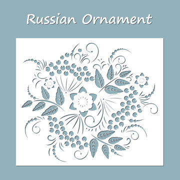 Russian drawing gzhel. Laser cutting. Greeting card with flowers Russian ornament. Vector illustration