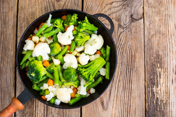 Frozen broccoli, brussels and cauliflower in frying pan