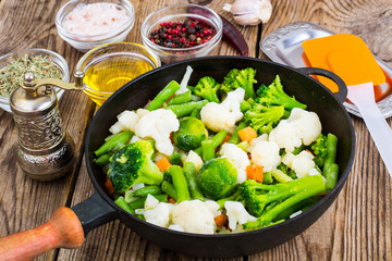 Frozen broccoli, brussels and cauliflower in frying pan