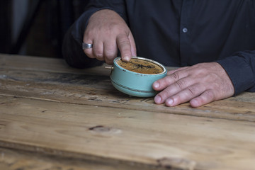 man hand clock thinking age time wooden table vintage retro