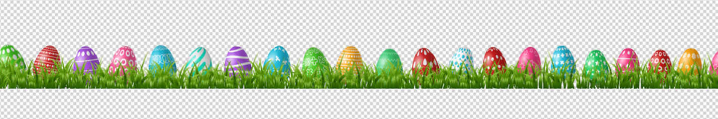 Vector realistic isolated easter eggs in grass borders for decoration and covering on the transparent background. Concept of Happy Easter.