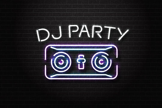 Vector realistic isolated neon sign of Dj Party lettering with vinyl console for decoration and covering on the wall background. Concept of music, dj and live concert.