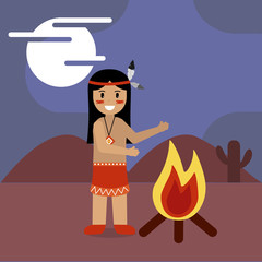 native american with bonfire desert night vector illustration