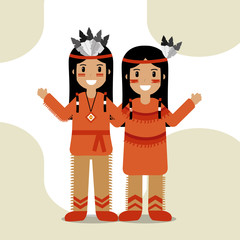 couple native american in traditional costume and headdress feathers culture vector illustration