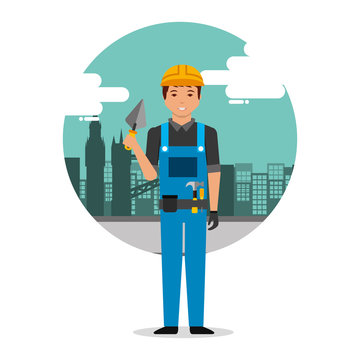 builder worker with spatula on construction background with buildings vector illustration