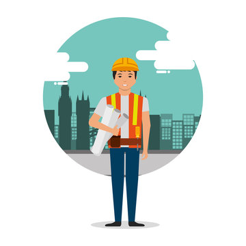 builder worker with blueprints on construction background with buildings vector illustration
