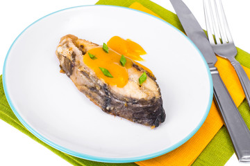 Fried fish steak with curry sauce